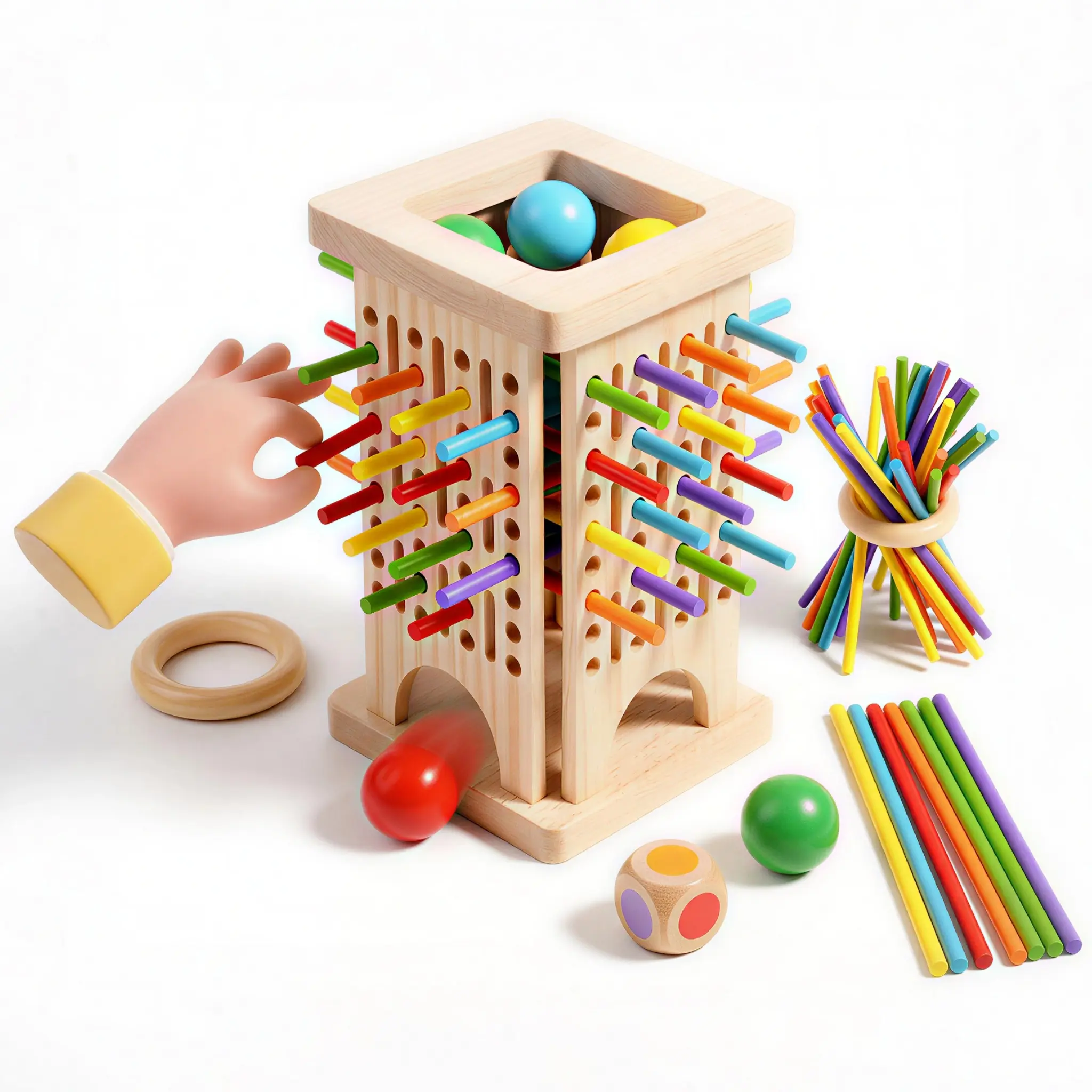 3-In-1 Premium Wooden Stick Pulling Game - Solid Wood Montessori Cognitive & Playful Stacking Game, Splinter-Free Safe Family Party Toy for Kids with Fine Skills Development, Cognitive Stacking Games sohochic