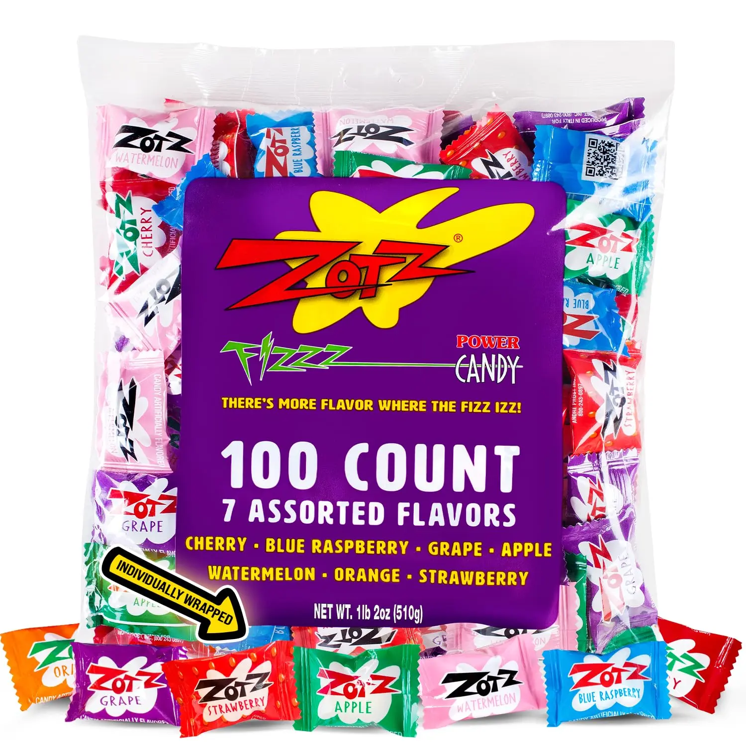 ZOTZ Fizzy Sour Candy Bulk - Retro Italian Hard Candy Individually Wrapped - Classic Nostalgic 7 Assorted Flavors Cherry, Watermelon, Blue Raspberry, Apple, Orange, strawberry & Grape - 100 Pieces Bag for Party Favors, Goodie Bags, Piñata & Candy Buffet
