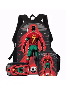 3pcs Travel Bags CR7 Soccer Star Backpack Set, Oxford Cloth Bag with Pencil Case & Lunch Box, Large Capacity Sports Themed Bookbag, Hand Washable, Unisex, with for Men & Women, Daily Commute