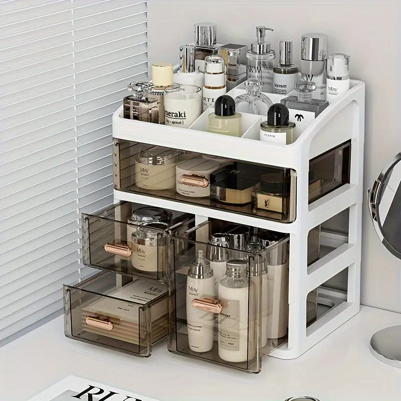 4-Drawer & 6-Compartment Plastic Cosmetic Storage Organizer for Women, Polished Finish, Dustproof Large Capacity Skincare Display Stand, Dustproof Organizer Boxes, No Assembly Required, for Perfume, Cream & Face Masks, Cosmetic Holder, Cosmetic Organizers