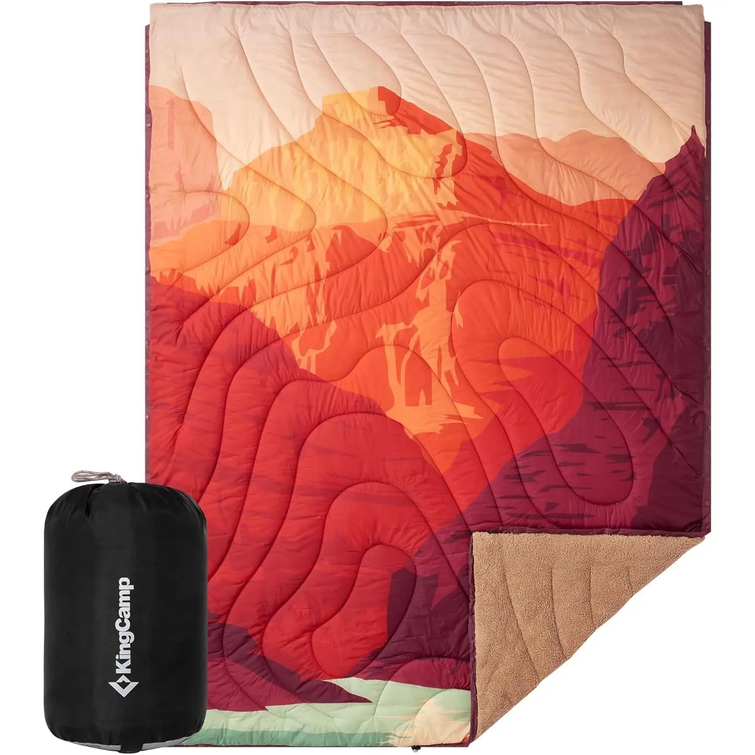 KingCamp Large Sherpa-Lined Portable Thermal Camping Blanket, Packable Down-Alternative Puffy Printed Wearable with Snap Buttons, Weatherproof Warm Quilt for Outdoor Travel (79" L x 57" W, Orange), Portable Blankets, Thermal Portable Blankets