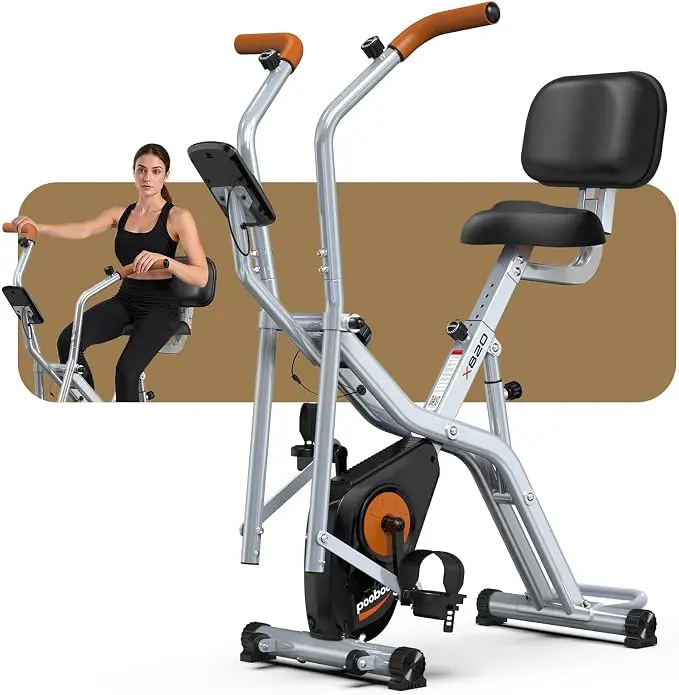 Pooboo Foldable 2-in-1 Exercise Bike, Elliptical & Stationary Cycling Mode, 8-Level Magnetic Resistance, Silent Indoor Fitness Bike for Home & Rehab, Adjustable Seat & Handrail, LCD Monitor, 300LBS Weight Capacity, Silver Black