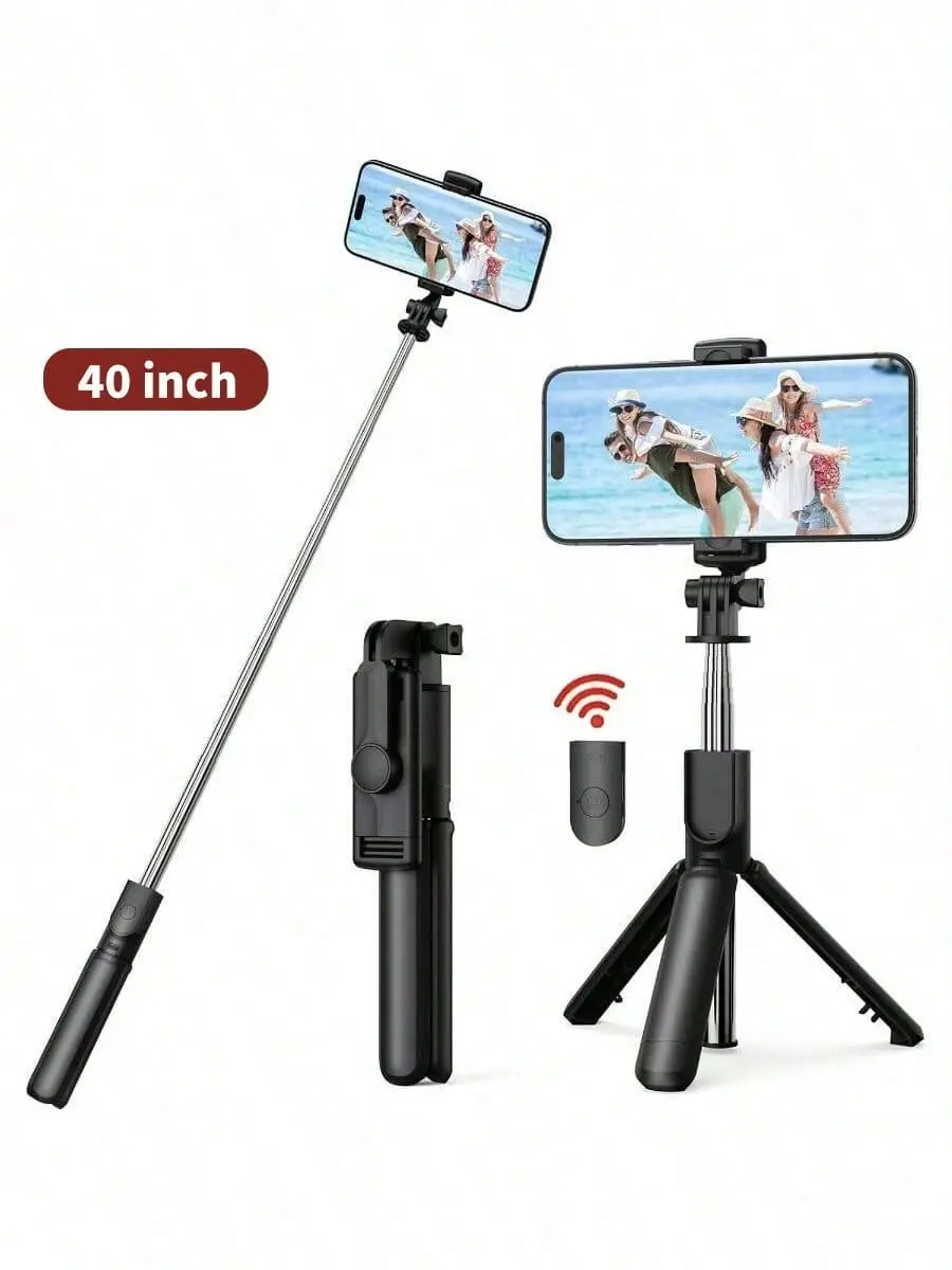 40-in Plastic Selfie Stick with Integrated Tripod, Extendable Wireless Remote-Controlled Smartphone Accessory for iPhone, 360° Rotatable Tripod Stand, Accessories