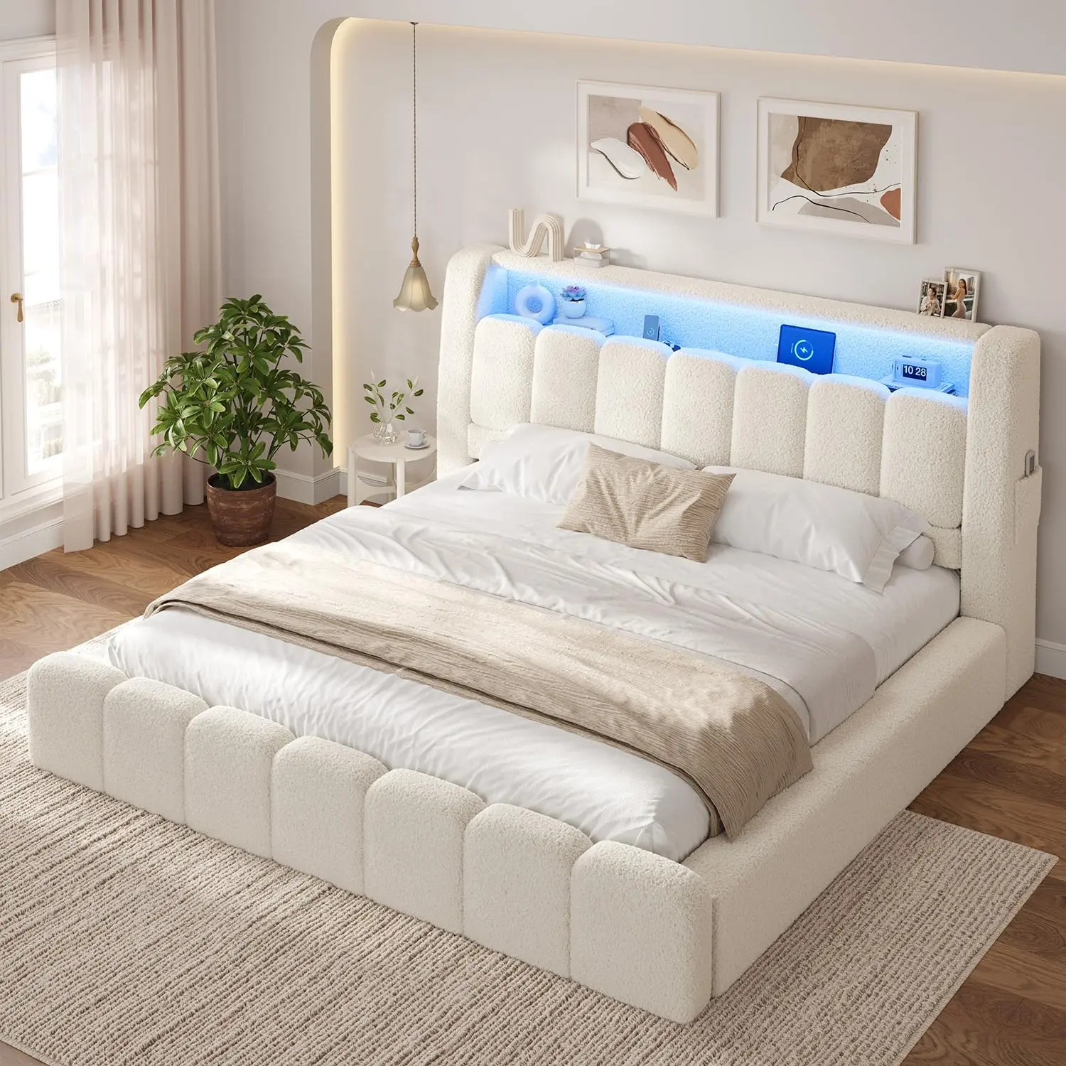 ADORNEVE King Size Bed Frame with Upholstered Boucle Headboard, Customizable LED Lighting, Charging Station, Soft Foam Padding, Rounded Corners - Ideal for Bedroom Decor, Functional Home Use,dorm essentials,home decor