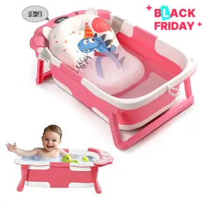 Baby Bathtub, Collapsible Newborn Bathtub for Infant with Soft Cushion and Thermometer,Portable Travel Newborn Tub with No-Slip Feet, Baby Shower Gifts