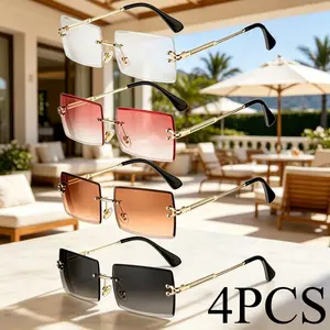 4Pcs Frameless Rectangle Sunglasses for Men/Women Vintage Transparent Small Rimless Square Shade Eyewear