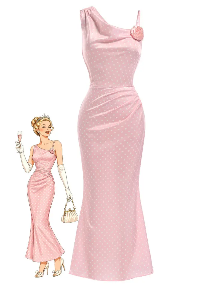 Pink 1930s Polka Dot 3D Rose Satin Mermaid Dress Homecoming Dress Backtoschool  Formal Party Strap