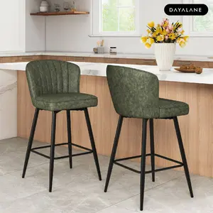 DAYALANE [Valentine's Day]25.5 Inch Modern Green Counter Stool (Set of 2) Armless Bar Chairs with Metal Legs Mid Century Upholstered Kitchen Island Chairs Fixed Back PU Faux Leather Ergonomic Design Stable Base