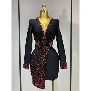 Luxury Birthday Women Celebrity Sexy Long Sleeve V Neck Rhinestone Black Bandage Dress 2025 Elegant Evening Club Party Dresses vibrant day