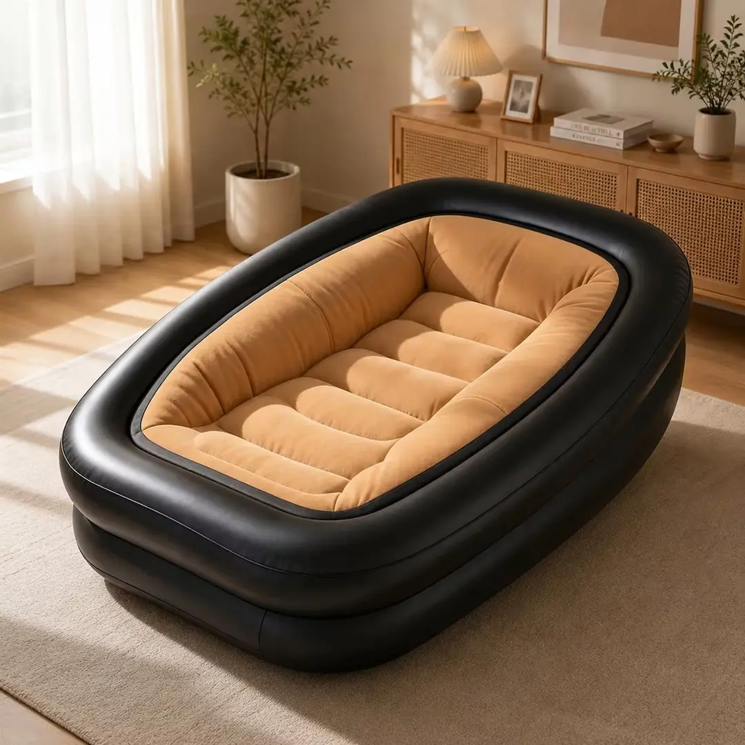 Inflatable Couch For Adults, Heavy-Duty 0.4mm Flocked Air Sofa Bed, Supports 350Lbs, Portable Indoor & Outdoor Blow Up Couch For Camping