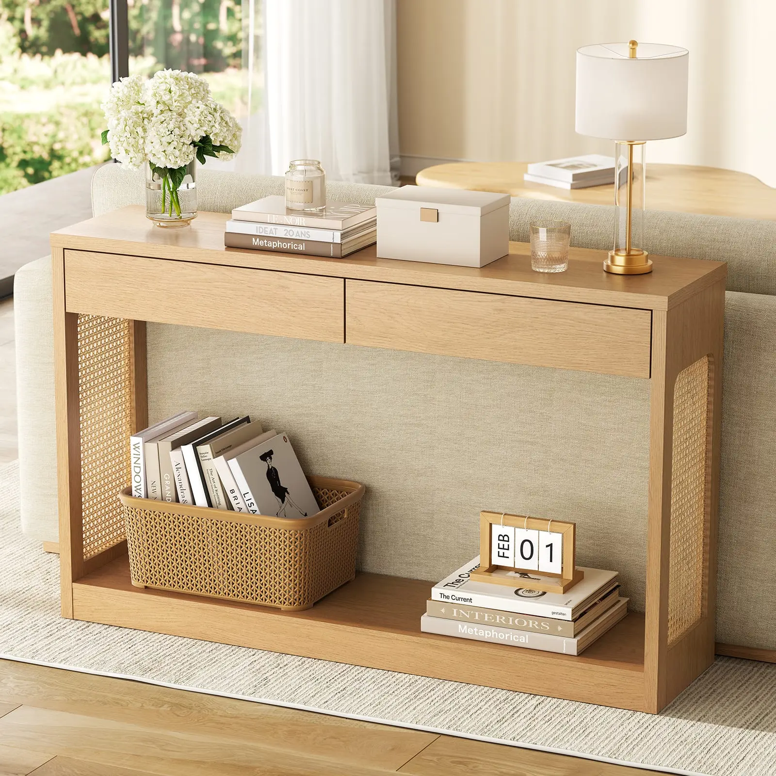 SIKAIC Narrow Storage Cabinet with 2 Drawers, Oak Freestanding Organizer for Entryway and Small Spaces