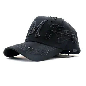 El MAGO TOTAL BLACK 31 HATS Stylish Black Baseball Cap with Embellished Letter M Design Trendy Outfits Summer Streetwear Daily Wear Adjustable Buckle Back