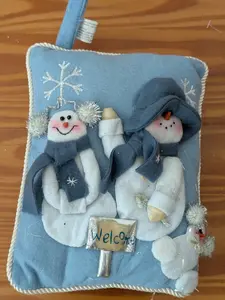 Snowman "Welcome" Pillow from Unknown -  Home Decor (Felt, Fabric, Plush Decorative Pillow, Country, Handmade, Whimsical, Light Blue, White)