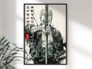 [SALE UP TO 50% + FREE SHIP] Zoro Inspired Poster, One Piece Samurai Ink Print, Minimalist Anime Decor