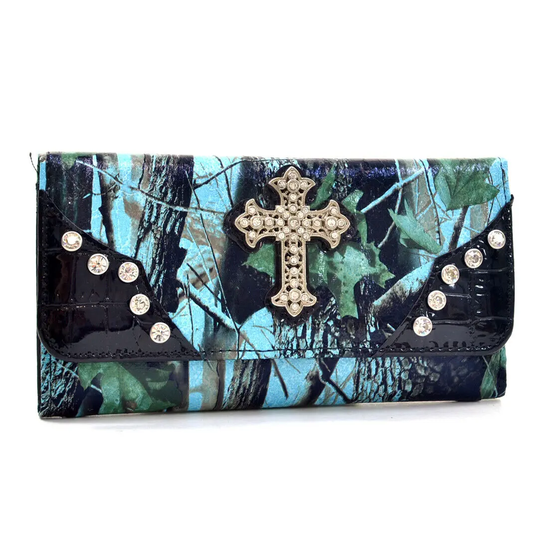 212 MAIN Men's Trifold Wallet, 7.5x4.5 in. Leather-Like Western Camouflage for Western Wear, Magnetic Snap, Rhinestone Accents & Cross Motif, Blue (W105-BLU-CAM)