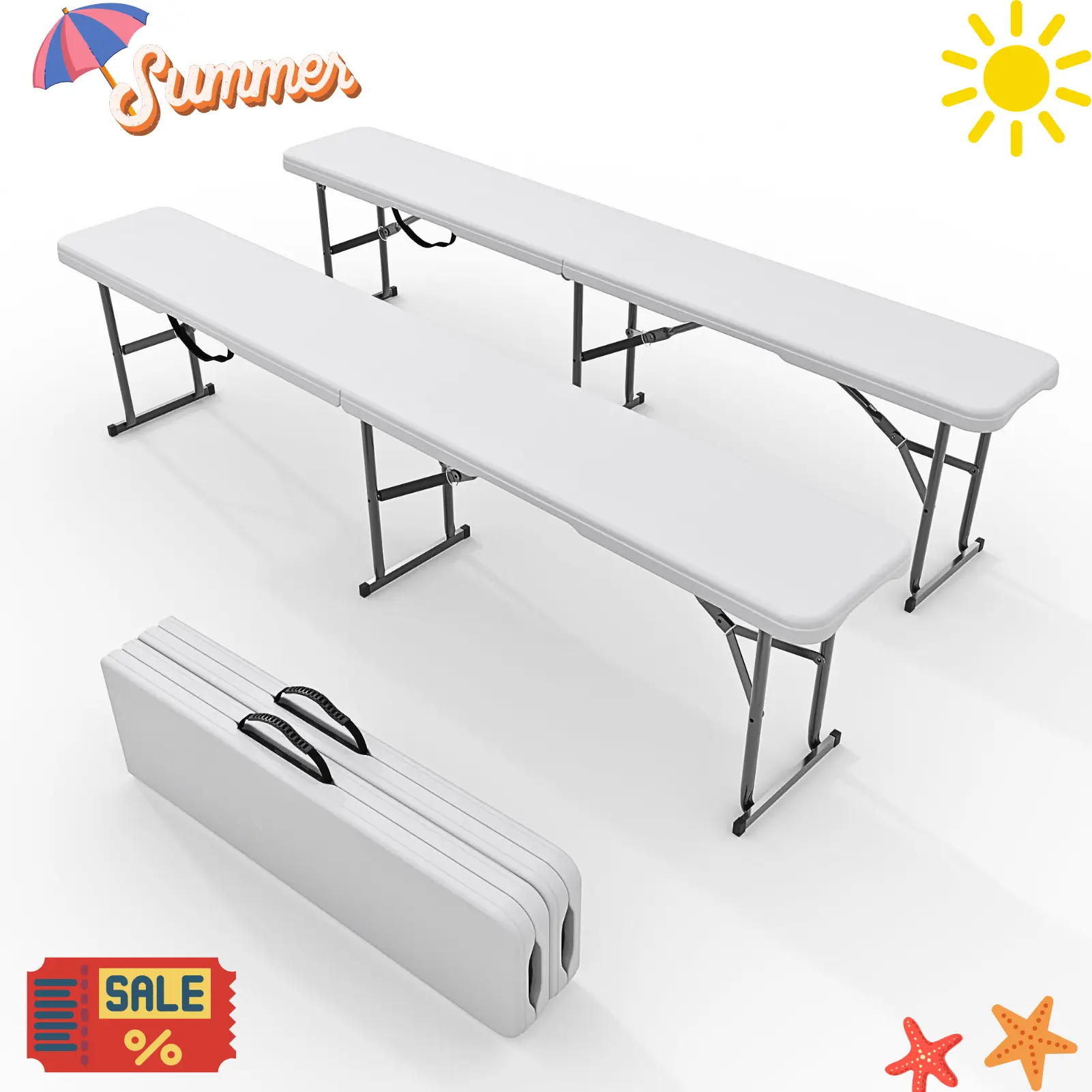 Garvee 6 FT HDPE Folding Bench, Portable Camping Dining Seat with Metal Frame, Multipurpose for Garden, Soccer, Party, Patio, Indoor/Outdoor Entertaining, 2 Pack