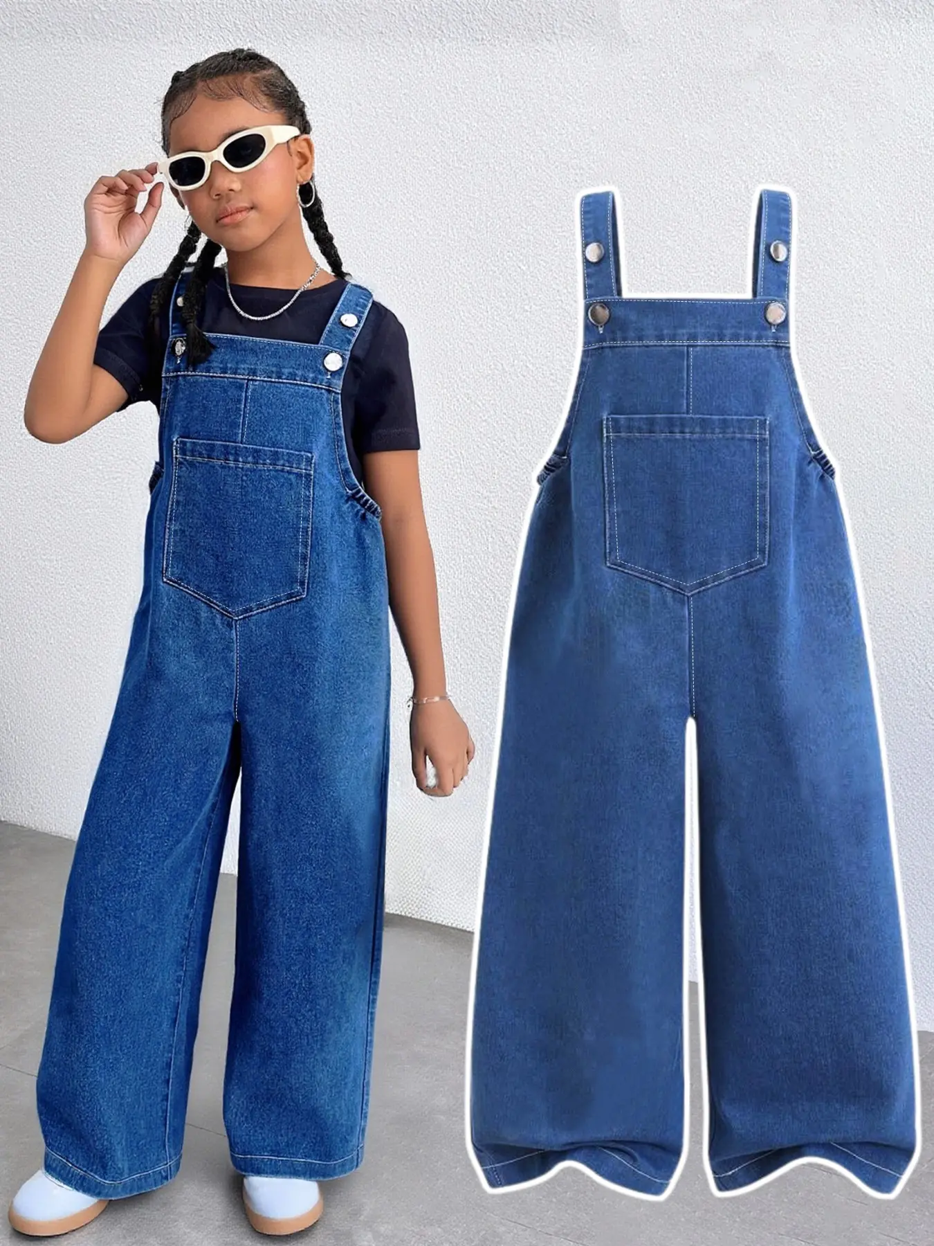 European Style Girls' Denim Overalls, High Street Cool Loose Fit Wide Leg Jumpsuit, Middle School Casual Long Pants, All-Season Wear