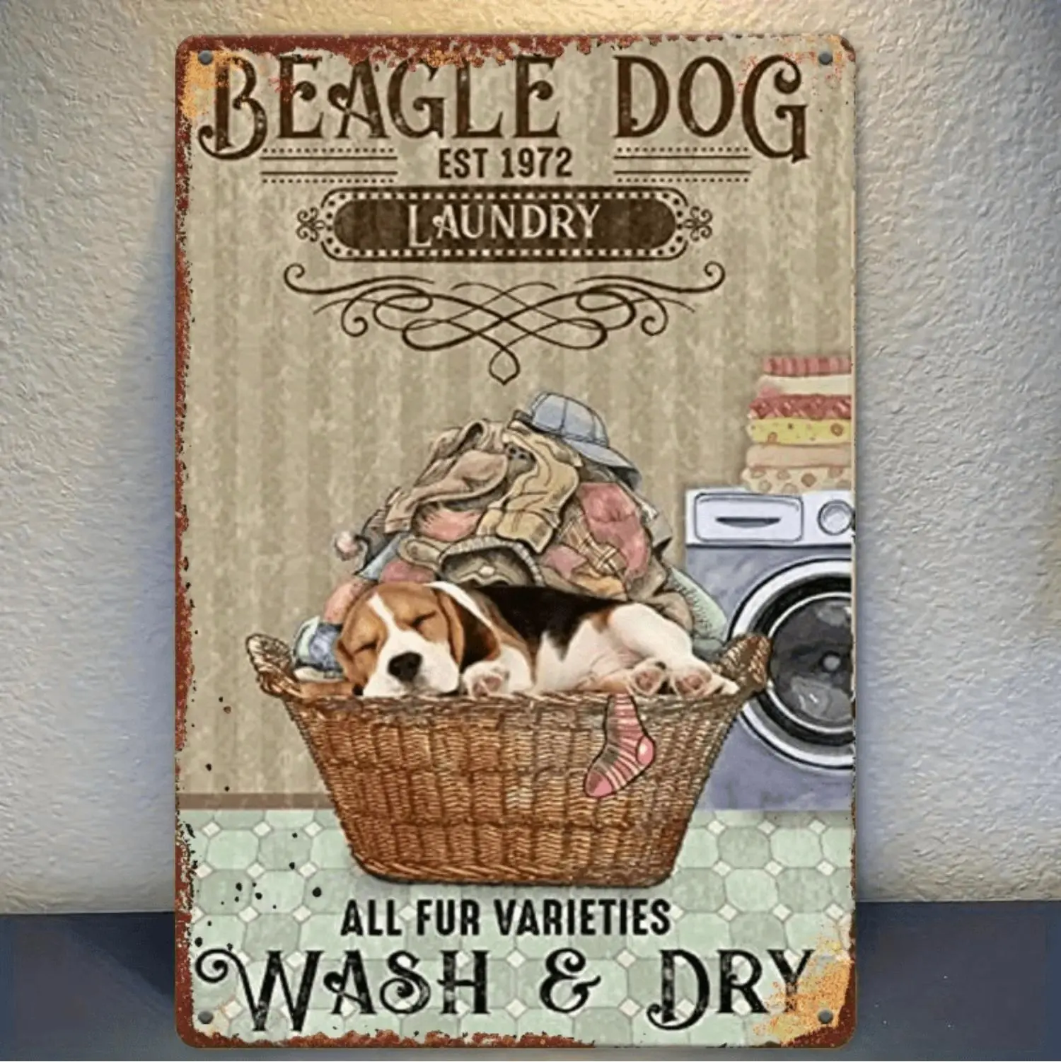 Vintage 1972 Laundry Beagle Tin Metal Sign For Home And Cafe Decor