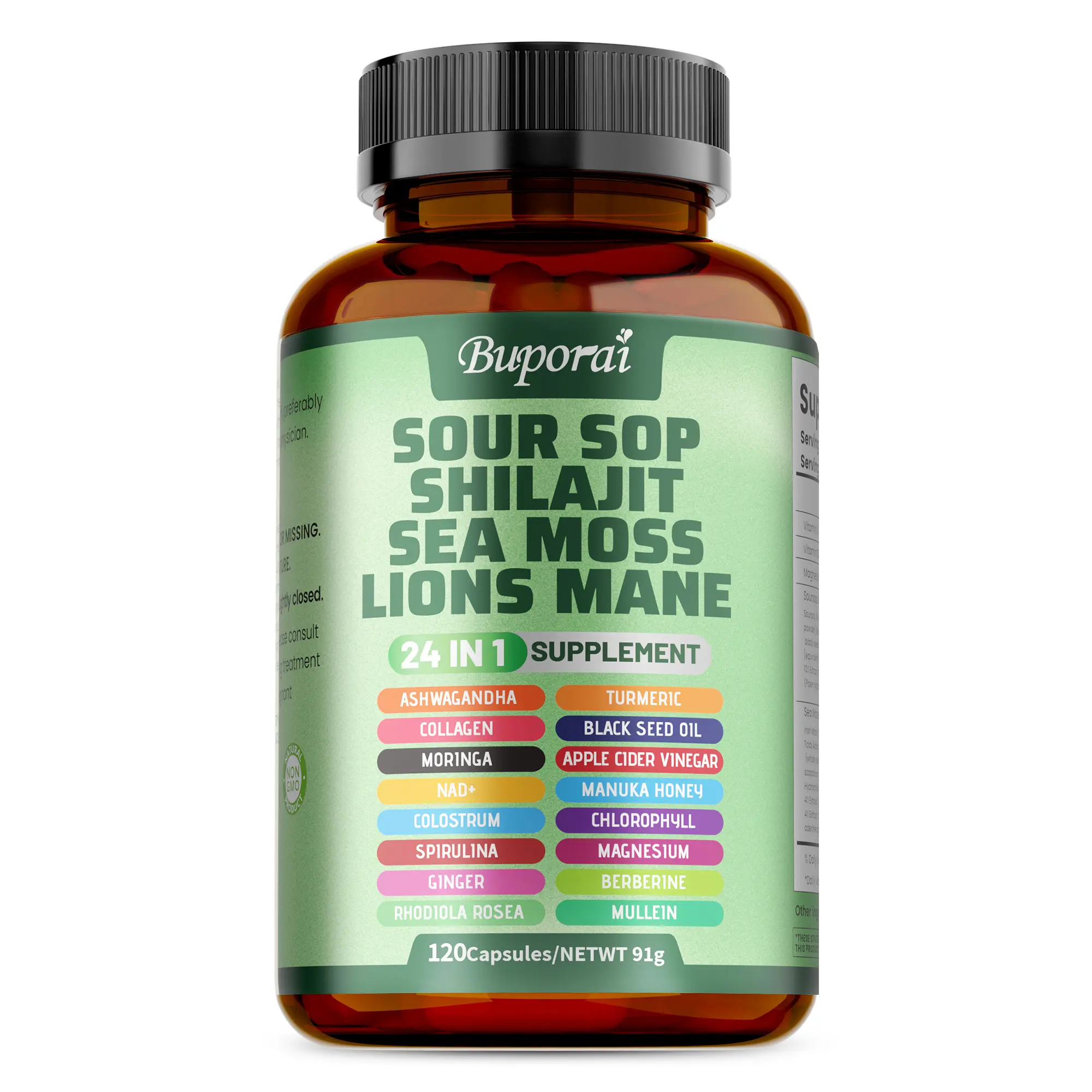 Buporai Soursop Nutritional Capsules - 24-in-1 Daily Dietary Supplement, 120 Caps/Bottle, 3-Mushroom Blend, Natural Ingredients, Antioxidant Nutrient & Comprehensive Nutrition Support for Skin, Joint Health