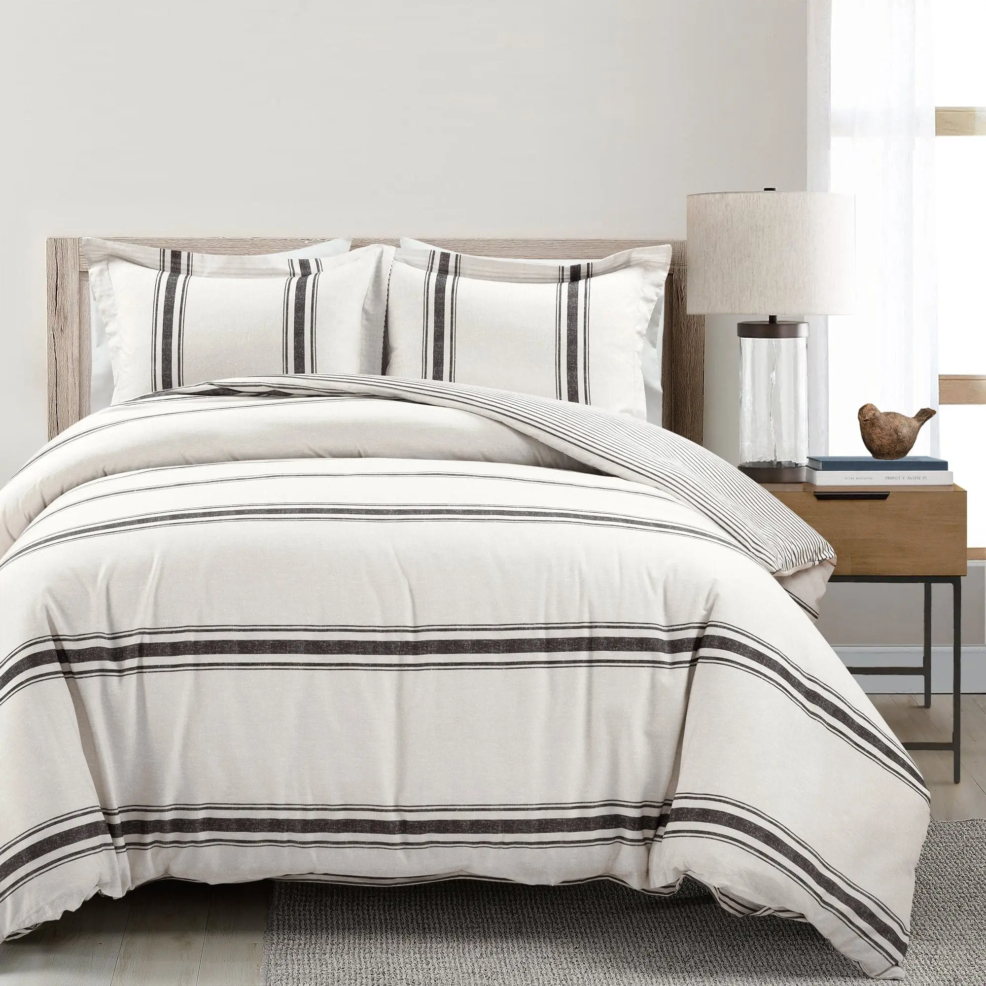Lush Decor Farmhouse 2-Layer 100% Cotton Fabric Striped Duvet Cover Set - Twin XL, Button-Closure, Aesthetic Home Decor Bedding Essential
