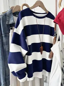 Women's Round Neck Pullover Sweatshirt, Blue Striped, Versatile Texture, Casual Style, Comfortable Soft Fabric, All Seasons