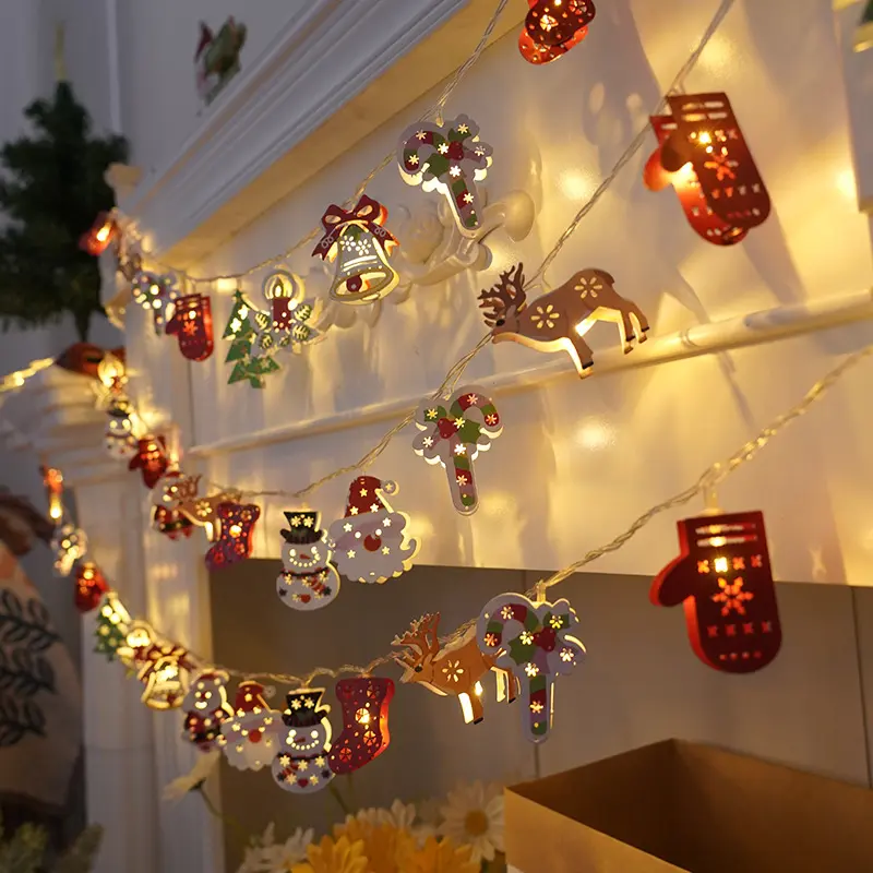 LED Christmas Lights with Stocking Snowman Candy Cane Tree Stocking Snowflake Design 20 Bulbs Iron Art Hanging Ornaments for Festive Holiday Atmosphere