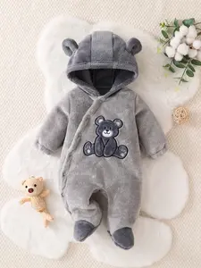 Autumn Winter Baby Bear Hooded Romper, Cute Unisex Infant Jumpsuit, Warm Cozy for Boys & Girls, Ideal for Outdoor Play, Baby Boy Clothes