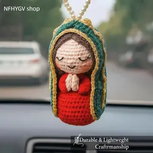 Handmade Virgin Mary Crochet Ornament Classic Spiritual Car Hanging Decor Simple Fine Craft Statue Accessory for Daily Driving Road Trips And Common Vehicle Interior Arrangement