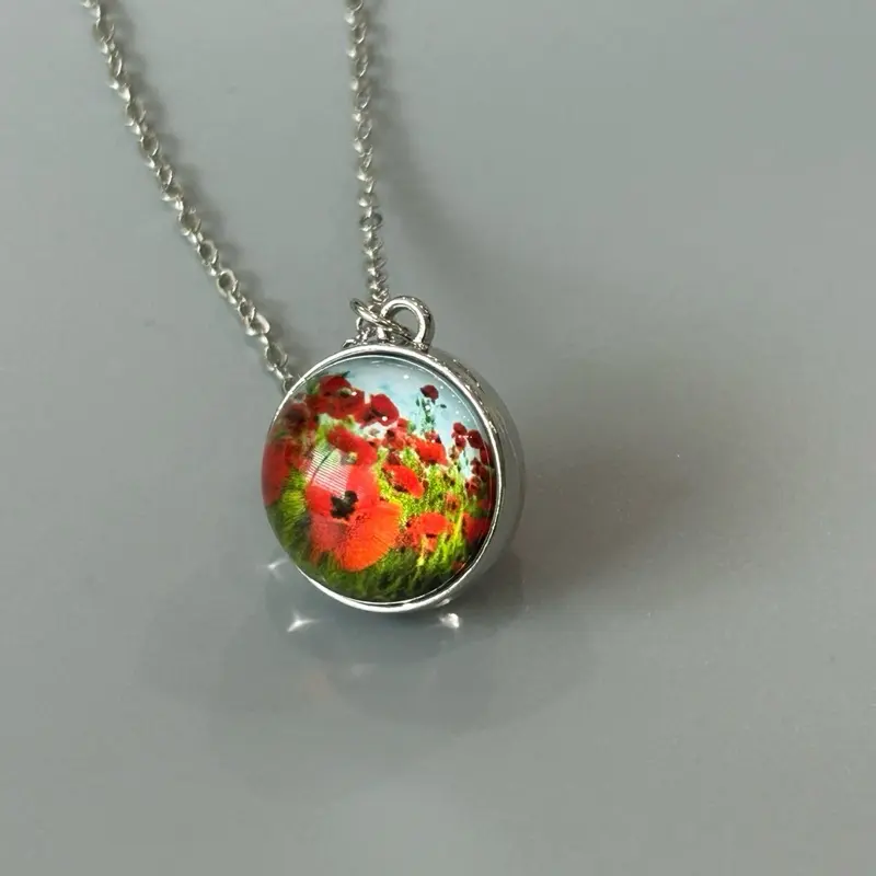 Poppy of Palestine Necklace Glass Dome Pendant Symbol of Beauty Red Poppy with Silver Colored Chain