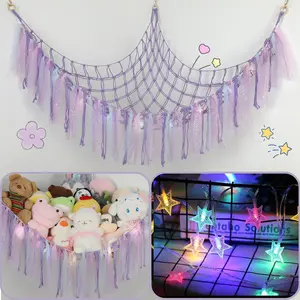 Stuffed Animal Hammock with LED Lights - 59 Inch Large Toy Storage Net for Kids Bedroom, Wall-Mounted Plush Organizer with Wooden Rings, Nursery Decor
