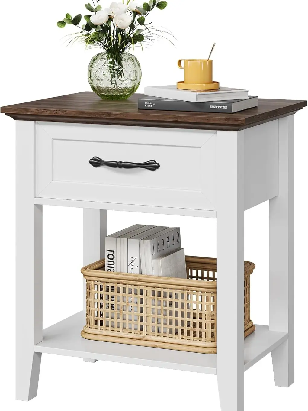 Narrow Industrial Wood Nightstand - 1 Drawer, Open Storage Shelf, Minimalist Drawer and Shelving Pedestal Table, Easy Integration Side Table for Bedroom, Small Spaces