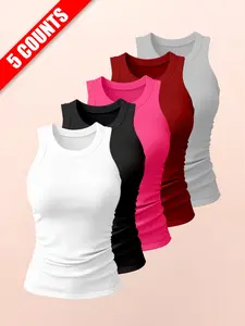 Women's Sporty Tank Top, Ribbed Round Neck Sleeveless Shirt, Side Elastic Straps Design, Comfortable Fashion Yoga Wear, Casual Daily Use, Activewear