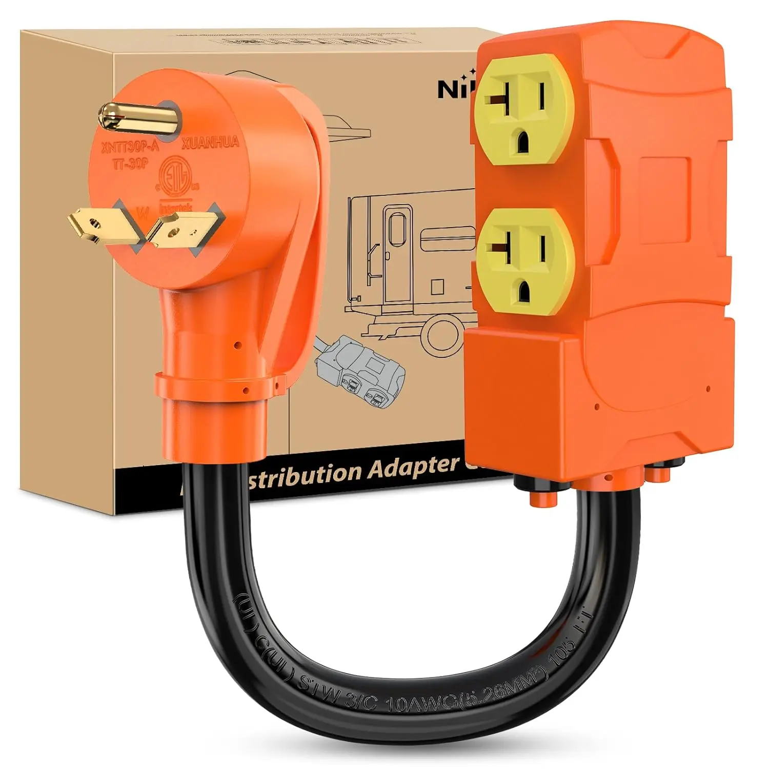 Nilight 30 Amp to 20 Amp 110V RV Power Adapter Cord with Circuit Breaker NEMA TT-30P Male to 4X 5-15R/5-20R Female RV Distribution Adapter Plug ETL Listed 4 Household Outlets for RVs Camper Generator