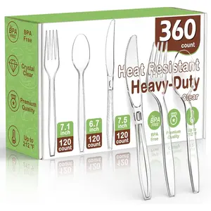 360 Count Plastic  Ware Heavy Duty, 120 Forks, 120 Spoons, 120 , Heat Resistant &  Disposable SilverWare, Disposable Cutlery set,  Clear Utencils for Party