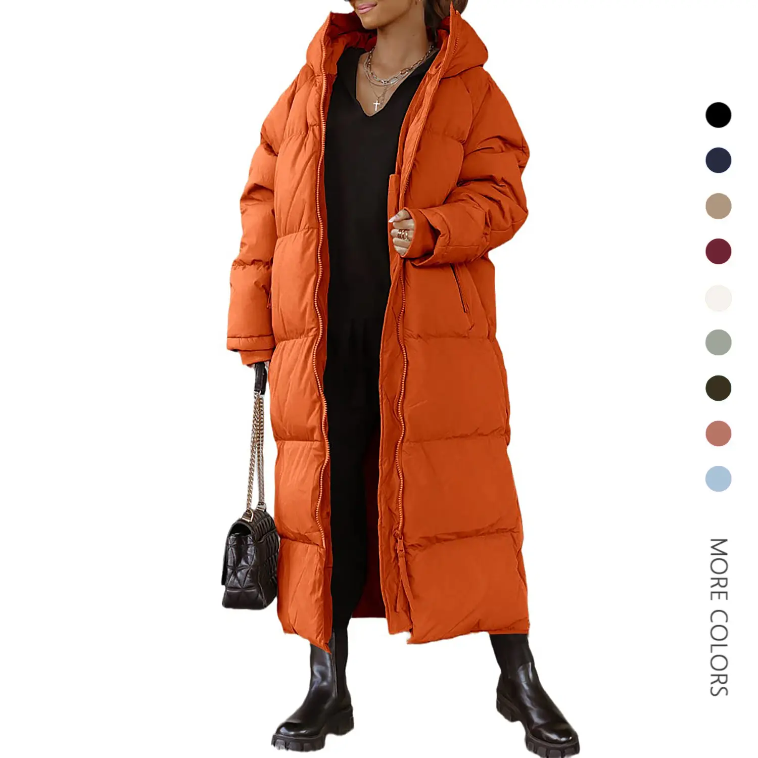 Danedvi Women's Long-Sleeve Soft Padded Quilted Hooded Maxi Puffer Jacket - Ribbed Shell, Pocket, Zipper, Fashionable Stylish Cold-Weather Basic Clothes, Longsleeves Outerwear for Women's Style Needs, Chic, Perfect Gift, Date