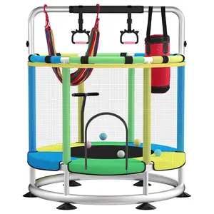 UBEEKOO 55" Toddler Trampoline Indoor & Outdoor,Trampoline for Kids, 440lbs Capacity Baby Trampoline with Enclosure, No-Gap Safe Design, Anti-Rollover Round BottomMini Trampoline with Adjustable Gymnastics Bar&7 Toys, Gifts for Boys&Girls