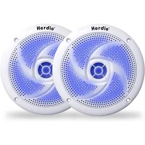 Herdio 4-Inch 80W Waterproof Marine Outdoor Wireless Speakers - 2-Way Weatherproof Loudspeaker System, Low-Profile Slim Style with LED Lights, Bluetooth Surround Sound for Boat, RV Use (White), Outdoor Wireless Speaker