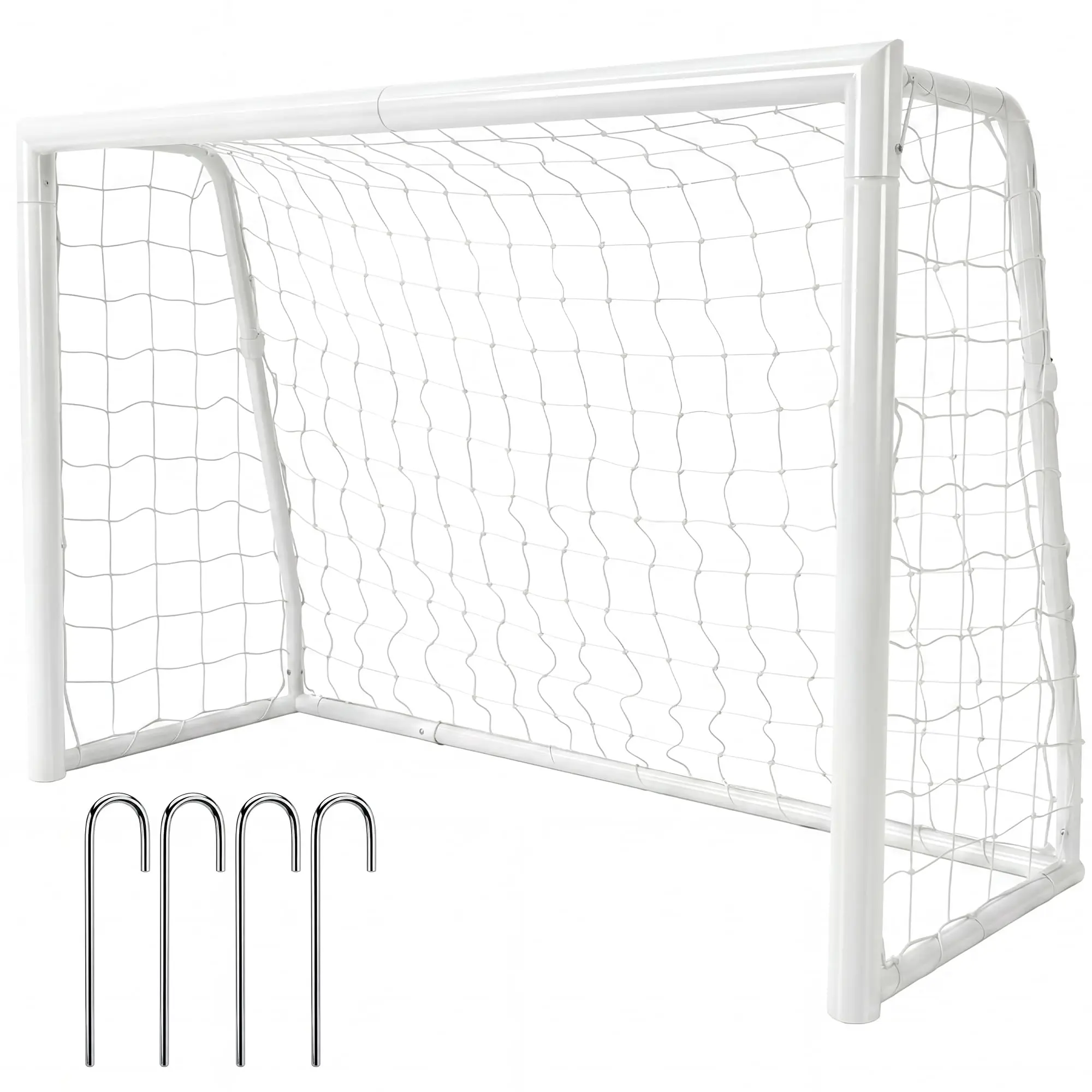 6x4 Ft Metal Soccer Goal for Backyard Training, Heavy Duty Steel Football Net with 4 J-Shape Ground Stakes, High-Visibility White Soccer Gate for Kids Youth Adults Practice, Easy Assembly Outdoor Sports