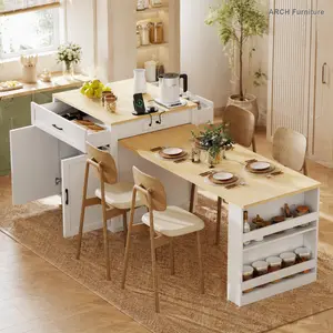 ARCH K&K 82.7 inch Kitchen Island with Extendable Dining Table for 4-6 Person,Two-tone Kitchen Table with Double-sized Storage, Power Outlet, Kitchen island with Storage 2 Drawers 2 Side Open Shelves,White, Apartment Furniture Cupboards Cabinets Dresser