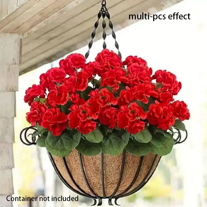 Outdoor UV-protected artificial geraniums in bright red with green leaves, Decorative, durable plastic indoor and outdoor decoration, suitable for gardens, courtyards, lawns, weddings, and home displays, Artificial Flower, Artificial Plant Decor