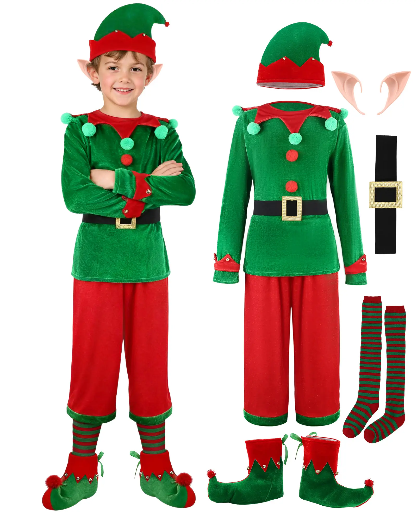 7Pcs Unisex Kids Christmas Elf Costume Set - Boys Girls Santa Helper Velvet Sets Xmas Outfit with Top,Pant,Elf Ears, Hat, Shoes, Belt, Socks Halloween