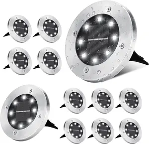 BrizLabs Solar Ground Lights, 12 Packs 8 LED Solar Disk Lights, Outdoor in-ground Light Waterproof, Round Solar-Powered Puck Light Flat Lamps for Landscape Pathway Yard Garden Walkway, Cool White