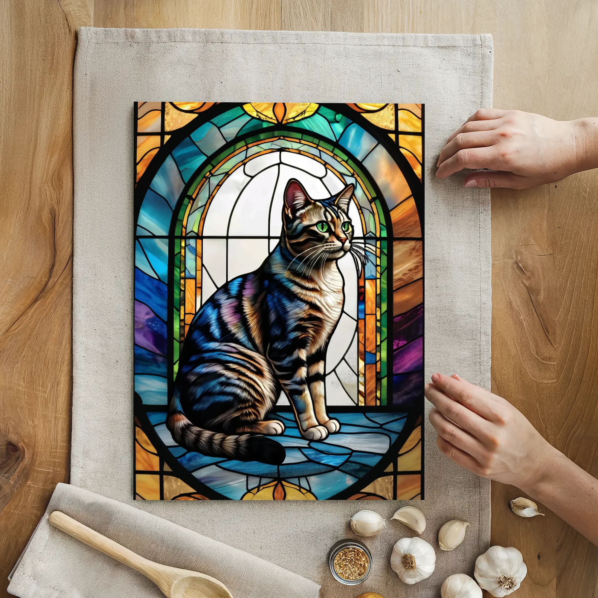 Glass Cutting Board with Vibrant Cat Stained-glass Art Design Anti-Bacterial Kitchen Tool for Cutting & Serving 11in x 8in