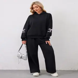 Women's 2 Piece Outfits Bow Trim Print Hoodie  Sets Oversized Sweatshirt Wide Leg Sweatpants With Pockets   Lounge Set sweatsuit Casual Cotton Womenswear Clothes Bottom Breathable
