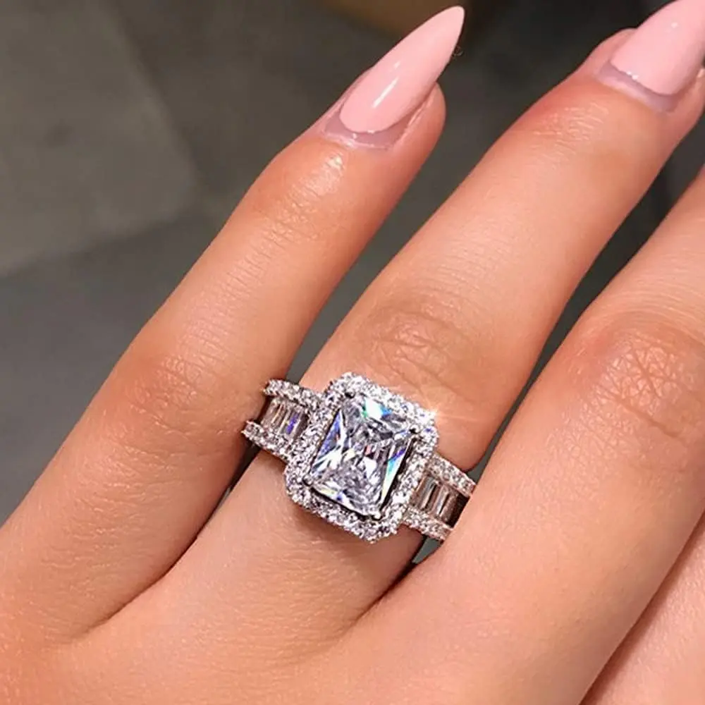 Silver Shiny Full Diamond Ring Cubic Zirconia Cocktail Rings CZ Diamond Ring Eternity Engagement Wedding Band Ring for Women (US Code 10)