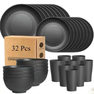 16/24/32-Piece Kitchen Plastic Straw Tableware Set Serves 8 Includes Dinner Plates Dessert Plates Cereal Bowls Cups Shatter-Resistant Colorful Plastic Outdoor Camping Tableware for 6-10 People