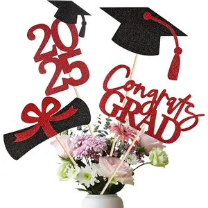 20 PCS Graduation Decorations Class of 2025, Black and Red Double-Sided Centerpieces, Grad Cap Sticks, Table Toppers, Graduation Party Decorations
