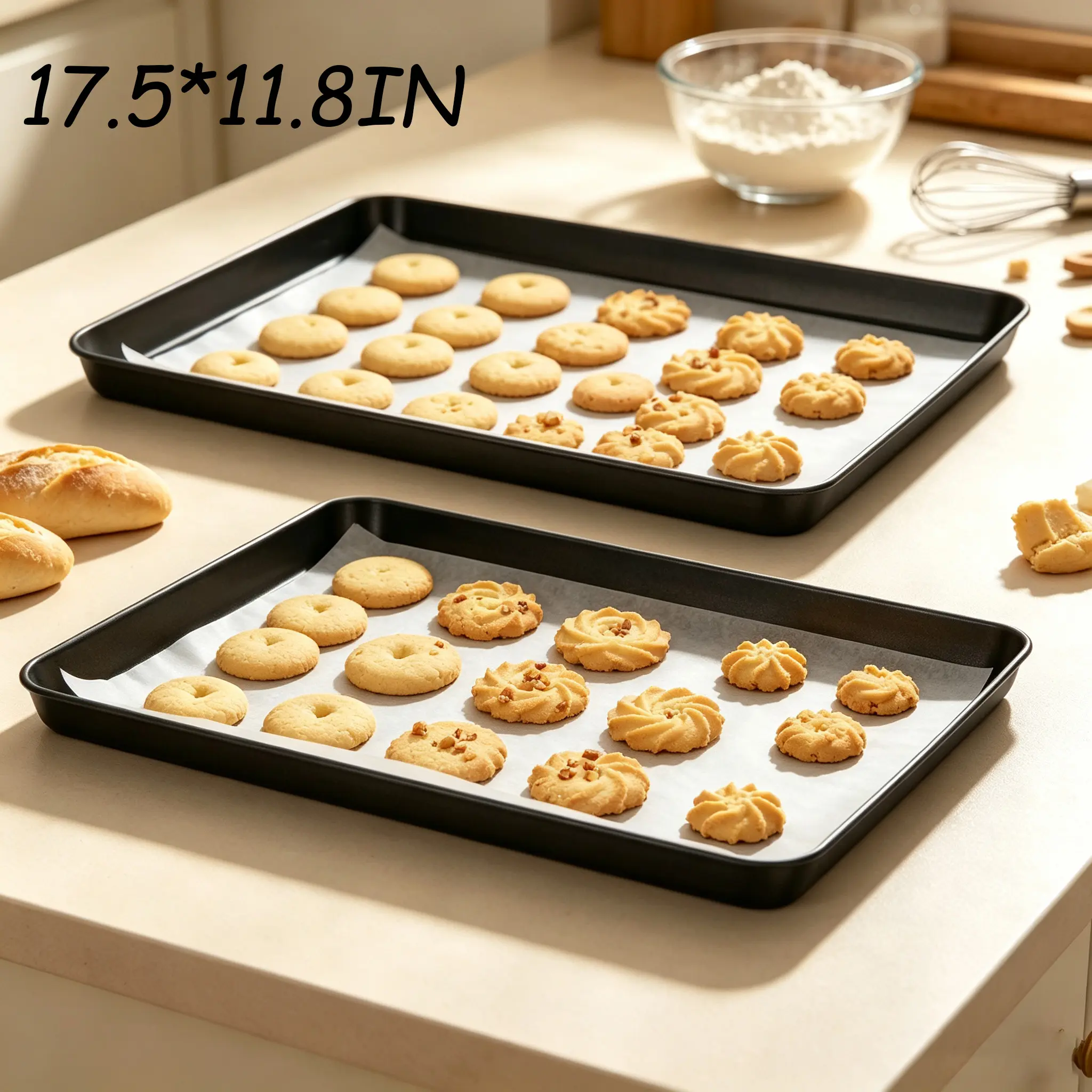 Kitchen Bakeware 2-Piece Black Rectangular Baking Sheets Set - 17.5x11.8in Heavy-Duty Nonstick Carbon Steel Oven-Safe Cooking Equipment, Oven Tray Replacement for Baking, Cooking