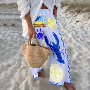 Vacation Print Wide-Leg Pants “La Dolce Vita” Lobster Design Women Statement Vibrant Holiday Trousers