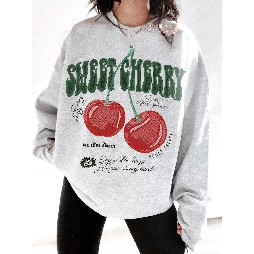 Sweet Cherry Farmers Market Sweatshirt, Coquette 90s Aesthetic, Cozy Oversized Cherry Top, Trendy Women's Clothing
